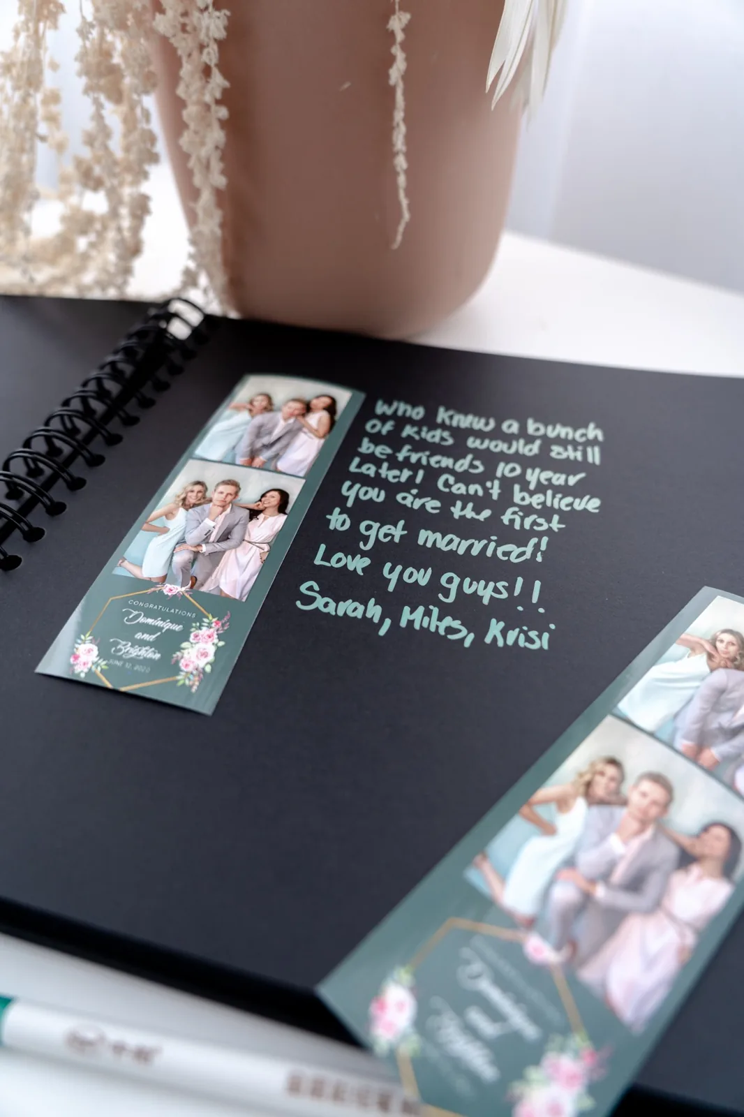 Guestbook filled with photo strips and handwritten notes